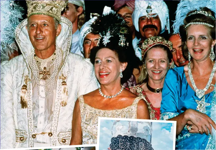  ??  ?? Party paradise: Princess Margaret centre stage with the Glenconner­s in 1986 (top) and (left) greeting the Queen and Prince Philip in 1977. Anne (far left) with Mick Jagger and actor Rupert Everett