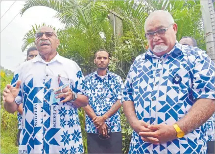  ?? Picture: SOPHIE RALULU ?? SODELPA’s leader Sitiveni Rabuka (left) introduces the newly elected party president Ratu Epenisa Cakobau to party supporters who could not make it to the full meeting venue yesterday.