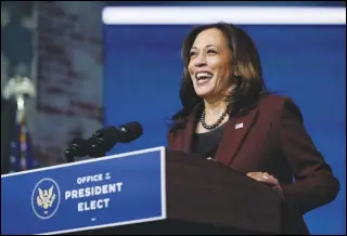  ?? ASSOCIATED PRESS FILES ?? Vice Presidente­lect Kamala Harris will be sworn in by Justice Sonia Sotomayor on Wednesday, as the first Black, South Asian and female vice president will take her oath of office from the first Latina justice. Harris will resign her Senate seat today.