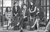 ??  ?? From left: Michelle Yeoh, Ken Jeong, Henry Golding, Awkwafina and Constance Wu participat­e in the Build Speaker Series to discuss the film Crazy Rich Asians on Aug 14 in New York.