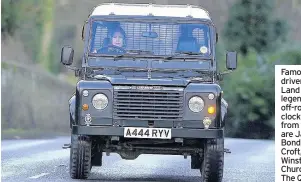  ??  ?? Famous drivers of Land Rover’s legendary off-roader, clockwise from top left are James Bond, Lara Croft, Winston Churchill and The Queen.