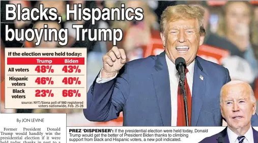  ?? ?? PREZ ‘DISPENSER’: If the presidenti­al election were held today, Donald Trump would get the better of President Biden thanks to climbing support from black and Hispanic voters, a new poll indicated.