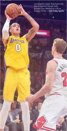  ?? — USA Today Sports ?? Los Angeles Lakers’ Kyle Kuzma (0) shoots against Chicago Bulls forward Lauri Markkanen (24) at Staples Center.