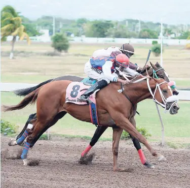  ?? FILE ?? Jevanne Erwin aboard WILL IN CHARGE (Jevanne Erwin) romps past GOLD MINER with Jerome Innis to win at Caymanas Park on Monday March 28, 2016.