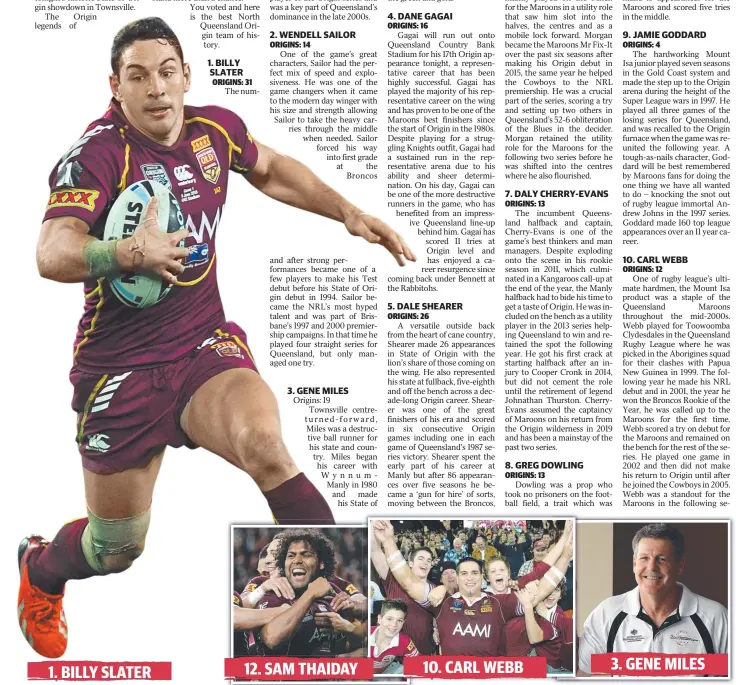  ??  ?? 1. BILLY SLATER
ORIGINS: 31 The num12. SAM THAIDAY 10. CARL WEBB 3. GENE MILES