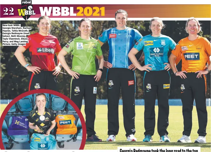  ??  ?? New-look WBBL: Georgia Wareham, Rachael Haynes, Tahlia McGrath, Georgia Redmayne (inset below), Beth Mooney, Tayla Vlaeminck, Ellyse Perry, and Meg Lanning. Picture: Getty Images