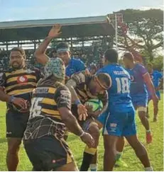  ?? ?? Action between Yasawa and Vatukoula during the Vodafone Vanua Cup quarterfin­al on June 25, 2022. Photo: Waisea Nasokia