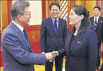  ?? AFP ?? South Korea's President Moon Jaein greets North Korean leader Kim Jong Un's sister Kim Yo Jong before their meeting at the presidenti­al Blue House in Seoul on Saturday.