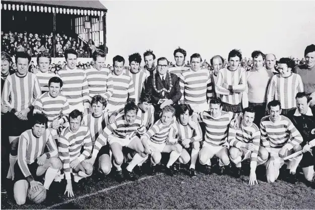  ??  ?? 0 Fraserburg­h and Celtic players pose for the cameras before kick-off at Bellslea in 1970, eight days before Jock Stein’s team faced Feyenoord in the European Cup final.