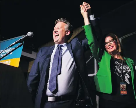  ?? GERRY KAHRMANN ?? Kennedy Stewart and wife Jeanette Ashe celebrate his election as mayor of Vancouver at the Waldorf Hotel early Sunday morning.