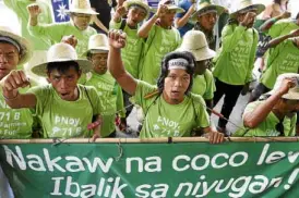  ??  ?? GIVE IT BACK Coconut farmers from Davao rally outside the Philippine Coconut Authority office in Quezon City in November 2014 demanding that P71 billion collected from them over the past four decades be returned to poor farmers. They fear their legal victory this week could be undercut by a bill in Congress.