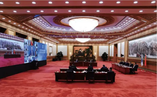  ??  ?? The 20th meeting of the Council of Heads of State of the Shanghai Cooperatio­n Organizati­on via video link in Beijing on November 10