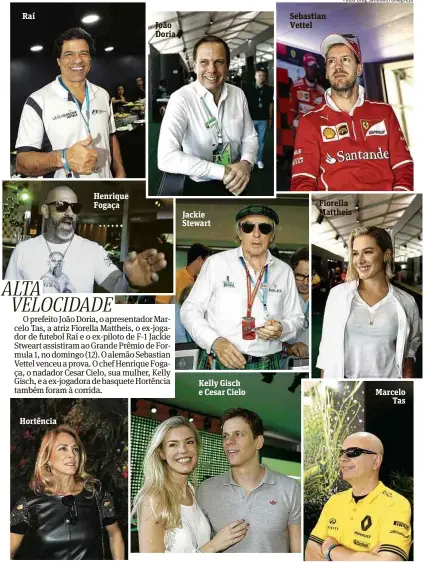  ?? Fotos Greg Salibian/Folhapress ?? Raí Henrique Fogaça João Doria Jackie Stewart Kelly Gisch e Cesar Cielo Sebastian Vettel Fiorella Mattheis Marcelo Tas