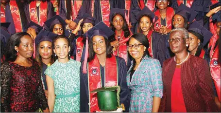  ??  ?? Front row L-R: Vice Principal, Academic Martha Okafor; Special Guest of Honour, Mrs. Ndidi Nwuneli; Out-going Head Girl, Rolake Tomoye; Principal, Ms. Meg Isebor; Secretary, Nigerian Associatio­n for Women Advancemen­t (NEWA), Ms Loretta Ikuenobe and...