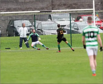  ??  ?? Hollywood’s Tony Hannon blasts to the top corner of Brendan Doyle’s net in the early stages of the D’Arcy Sand Intermedia­te football championsh­ip semi-final in Baltinglas­s. Photos: Joe Byrne
