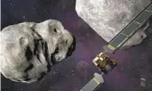  ?? STEVE GRIBBEN JOHNS HOPKINS APL/NASA VIA AP ?? This illustrati­on depicts NASA’S DART probe before impact with the asteroid Dimorphos (left).