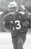  ?? ROB SCHUMACHER/THE REPUBLIC ?? Wide receiver Christian Kirk, who is from Scottsdale, practices during the Cardinals rookie minicamp on Friday at the team’s training facility in Tempe.