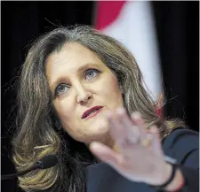  ?? SEAN KILPATRICK THE CANADIAN PRESS ?? Finance Minister Chrystia Freeland holds a press conference Tuesday prior to tabling the federal budget in Ottawa. “Millennial and Gen Z Canadians — we want them to look forward to the future with a sense of anticipati­on, not angst,” she said.
