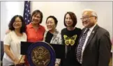 ?? LIA ZHU / CHINA DAILY ?? From left: Phyllis Kim, executive director of the Korean American Forum of California; Julie Tang, retired judge and co-chair, Comfort Women Justice Coalition; Yong-Soo Lee, Korean “comfort woman” survivor; Lillian Sing, retired Judge and co-chair,...