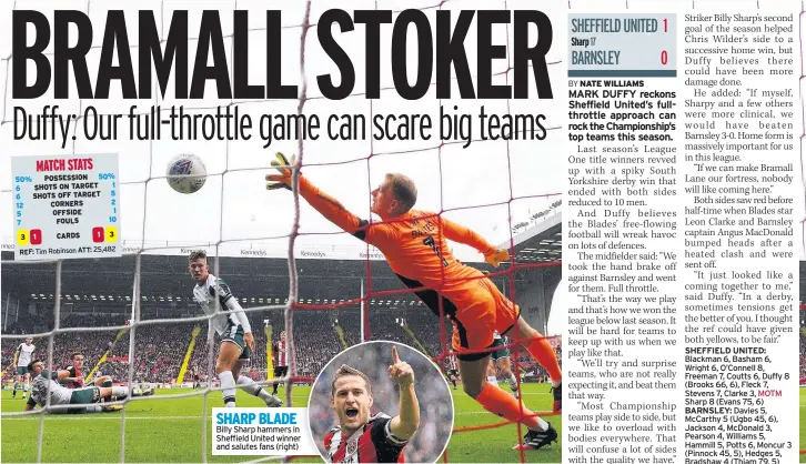  ??  ?? SHARP BLADE Billy Sharp hammers in Sheffield United winner and salutes fans (right)