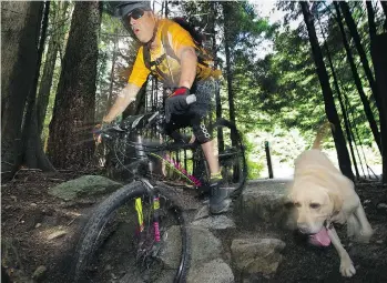  ?? MARK VAN MANEN ?? Reporter John Colebourn navigates his way in and around the dramatic surroundin­gs of the Seymour mountain bike trails. Colebourn’s athletic Labrador retriever Hunter sets the pace.