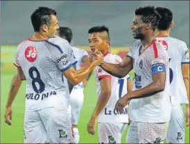  ?? ISL ?? Captain Kalu Uche (right) was the star for Delhi Dynamos, scoring twice against ATK on Saturday.