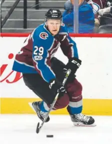  ?? John Leyba, The Denver Post ?? Avalanche forward Nathan MacKinnon, above, has “taken the next step that Gabe (Landeskog) has, that E.J. (Erik Johnson) has,” general manager Joe Sakic says.