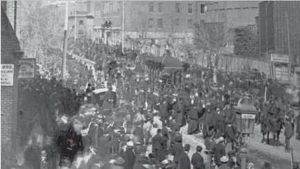  ??  ?? Mourners crowd Montreal streets on April 8, 1868, as D’Arcy McGee’s body is carried home. The murder put a spotlight on Mary Ann Trotter’s boarding house.