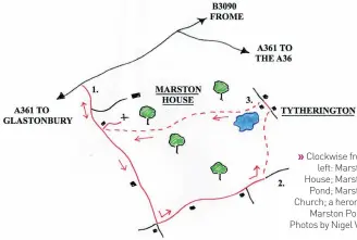  ??  ?? Clockwise from left: Marston House; Marston Pond; Marston Church; a heron at Marston Pond. Photos by Nigel Vile