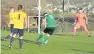  ??  ?? ● Llannerchy­medd’s Josh Griffiths shoots for goal in their 2-0 victory over Pentraeth