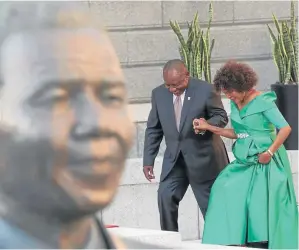  ?? AFP/MIKE HUTCHINGS ?? President Cyril Ramaphosa and speaker of the National Assembly Baleka Mbete arriving for the opening of parliament and the State of the Nation Address on Thursday.