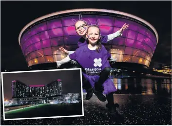  ??  ?? Emma and Emily lit up SSE Hydro and, inset, Glasgow’s Royal Hospital for Children turns purple