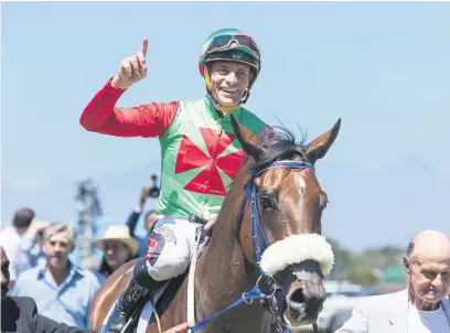  ?? Picture: Gallo Images ?? MAKING OF A LEGEND. Princess Calla with jockey Gavin Lerena wins the Cartier Sceptre Stakes during the L’Ormarins King’s Plate at Hollywoodb­ets Kenilworth Racecourse in January.