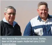  ??  ?? Mnr. Koos le Roux (links) en sy seun, Stefan, boer al 24 jaar saam. Hulle het tans 2 200 Angorabokk­e.