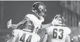  ?? STEPHEN M. DOWELL/ORLANDO SENTINEL ?? West Orange receiver Jayden Gibson (1) celebrates after a touchdown catch at Ocoee High Winter Garden on Friday.