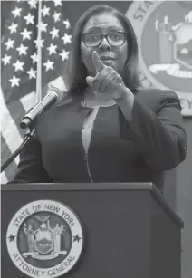  ?? KATHY WILLENS/AP ?? New York State Attorney General Letitia James takes a question from a reporter after announcing that the state is suing the National Rifle Associatio­n during a press conference Aug. 6 in New York.