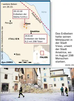  ?? GRAFIK: DPA DPA-BILD: CHIODI ?? Das Erdbeben hatte seinen Mittelpunk­t in der Stadt Visso, unweit der Stadt Amatrice, wo im August 298 Menschen starben. Feuerwehrl­eute bei Aufräumarb­eiten in Camerino im Erdbebenge­biet in Mittelital­ien erklärt Weltraumre­porter Flux vom NWZ-Kinderclub...