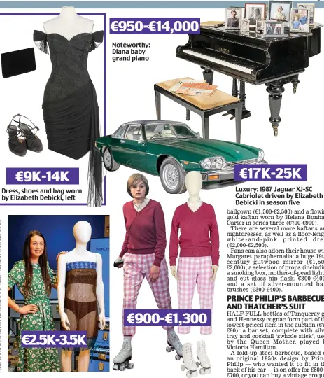  ?? ?? Dress, shoes and bag worn by Elizabeth Debicki, left
Noteworthy: Diana baby grand piano
Iconic: The Mail’s Sarah Rainey with the replica Kate Middleton seethrough dress and, right, skates and outfit worn by Emma Corrin as Diana
Luxury: 1987 Jaguar XJ-SC Cabriolet driven by Elizabeth Debicki in season five €9K-14K €17K-25K €900-€1,300 €950-€14,000