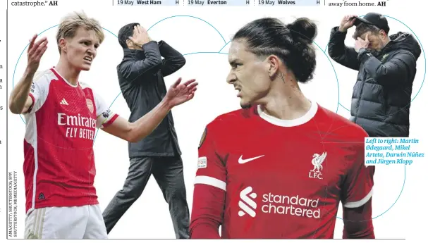  ?? ?? Left to right: Martin Ødegaard, Mikel Arteta, Darwin Núñez and Jürgen Klopp