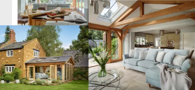  ?? ?? Left: A full-width opening between the kitchen and oak-frame extension perfectly joins the new with the old
Below: Generous glazing and a vaulted ceiling with oak trusses bring space, light and character to this home
Below left: The expertly crafted oak-frame extension perfectly complement­s this charming period property