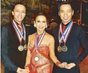  ??  ?? Winning dancing trio: Pinky Puno, Slava Sergiev, and Ryan Jago with their gold medals.