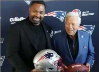  ?? (AP/Steven Senne) ?? New England Patriots Coach Jerod Mayo (left) and Patriots owner Robert Kraft pose for a photograph after a news conference introducin­g Mayo as the team’s new head coach.
