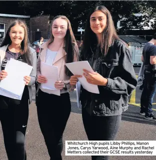  ??  ?? Whitchurch High pupils Libby Phillips, Manon Jones, Carys Yarwood, Aine Murphy and Rachel Metters collected their GCSE results yesterday