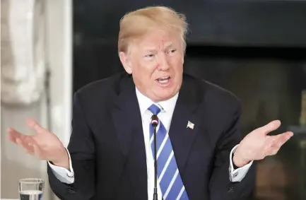  ??  ?? President Donald Trump speaks during a meeting with state and local officials about infrastruc­ture in the State Dining Room of the White House in Washington Monday. (AP)