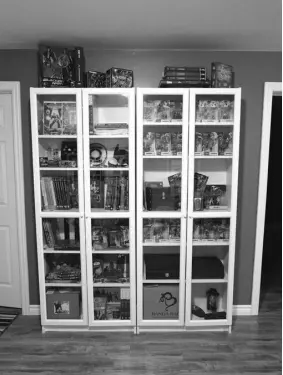  ??  ?? Heather’s friends bought IKEA BILLY / OXBERG bookcases with glass doors to store and display collectabl­es.