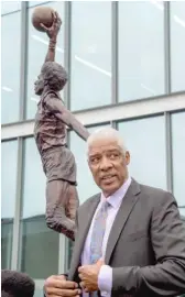  ?? AP ?? Julius Erving poses with a statue of himself outside the 76ers’ practice facility in Camden, N. J.