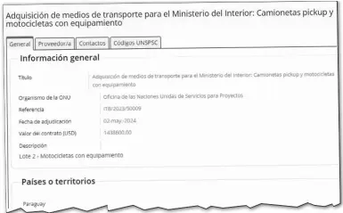  ?? ?? Millonario contrato vía Unops para la provisión de motociclet­as para el Grupo Lince con dinero de Itaipú, puenteando a la DNCP.