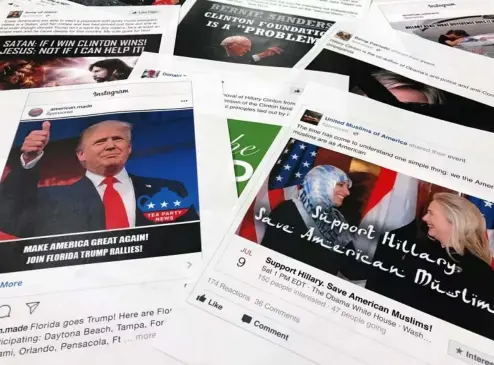  ?? ?? Printouts of some of the Facebook and Instagram ads linked to a Russian effort to disrupt the American political process, November 2017 AP Photo/Jon Elswick