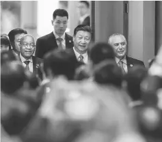  ??  ?? (From left) Zuma, Xi, and Temer arrive for the opening ceremony of the BRICS Business Forum in Xiamen. — Reuters photo