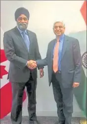  ?? PHOTO: TWITTER ?? Canadian defence minister Harjit Sajjan with Indian high commission­er to Canada Vikas Swarup.